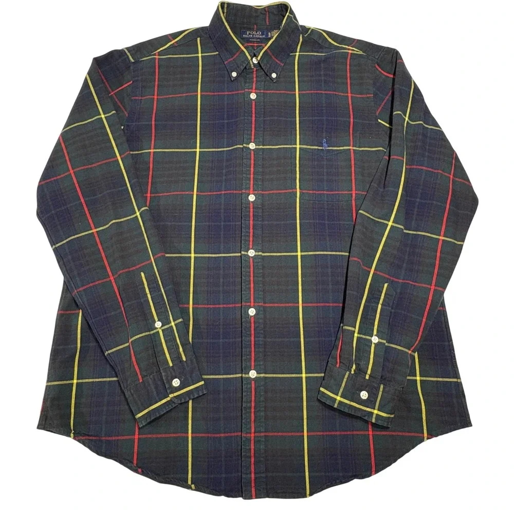 Polo‎ Ralph Lauren Button Down Shirt Mens XL Navy Green Plaid Classic Fit Cotton